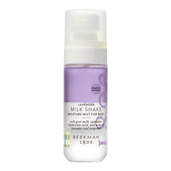 Beekman 1802 Milk Shake Body Mist Lavender bottle showing lightweight hydration for sensitive skin
