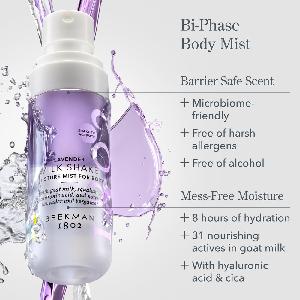 Close-up of Beekman 1802 Milk Shake Body Mist Lavender bottle detail