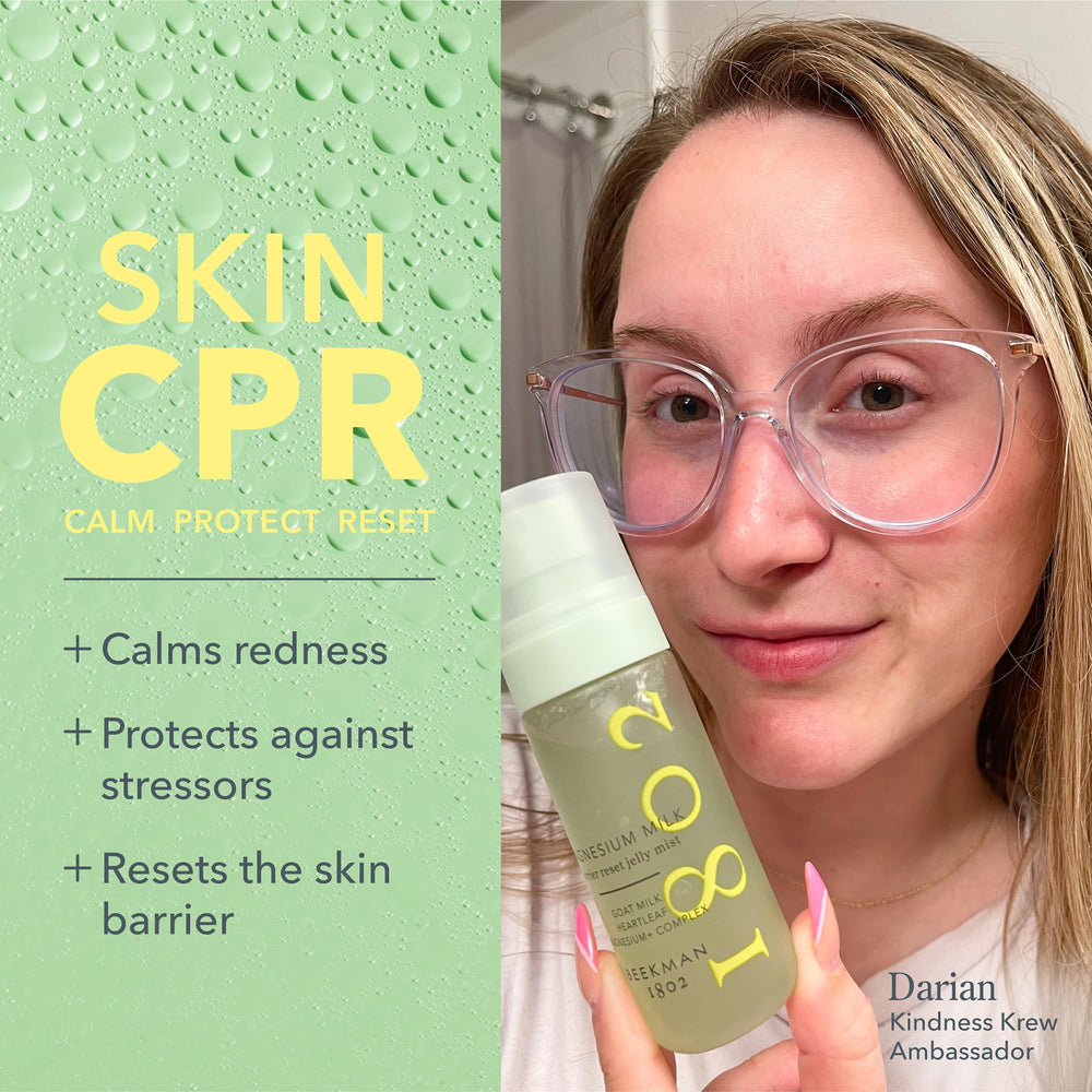 Close-up of sensitive-skin mist application showing quick refreshment.