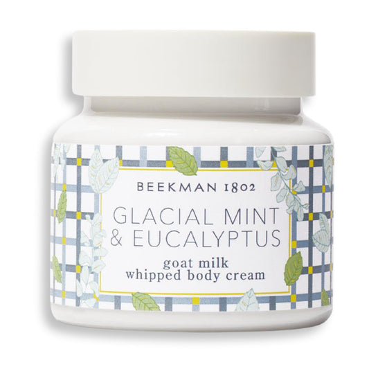 Beekman 1802 Whipped Body Cream jar provides rich hydration and silky softness.
