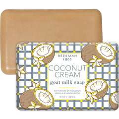 Beekman 1802 Goat Milk Body Soap Coconut Cream bar provides gentle hydration for sensitive skin.