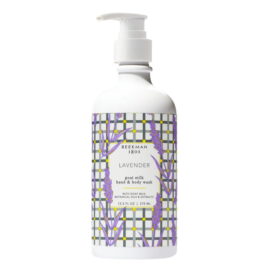 Beekman 1802 Goat Milk Hand Wash Lavender bottle pump delivers gentle, moisturizing cleansing.