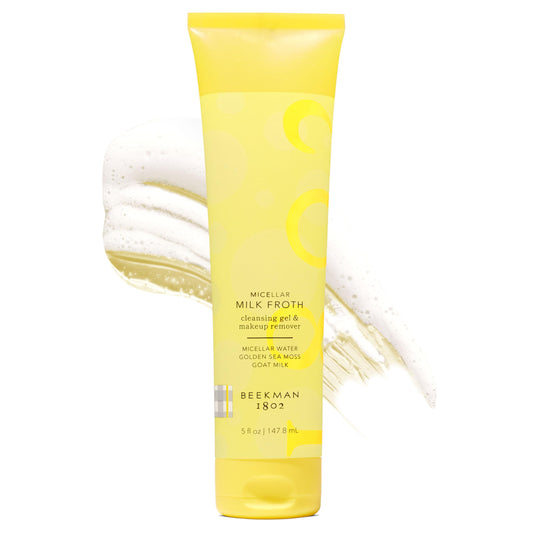 Beekman 1802 micellar milk froth cleanser bottle pours for gentle cleansing and makeup removal