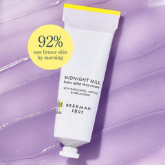 Beekman 1802 Midnight Milk night application demonstrates overnight care for waking skin