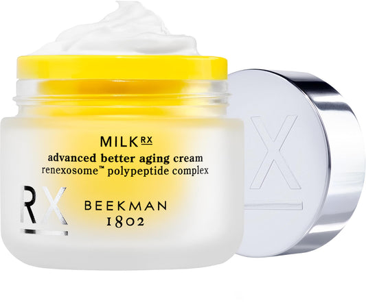 Beekman 1802 Milk RX cream jar showing fragrance-free hydration for sensitive skin.