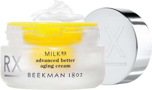 Beekman 1802 Milk RX Advanced Cream tube close-up for fragrance-free hydration