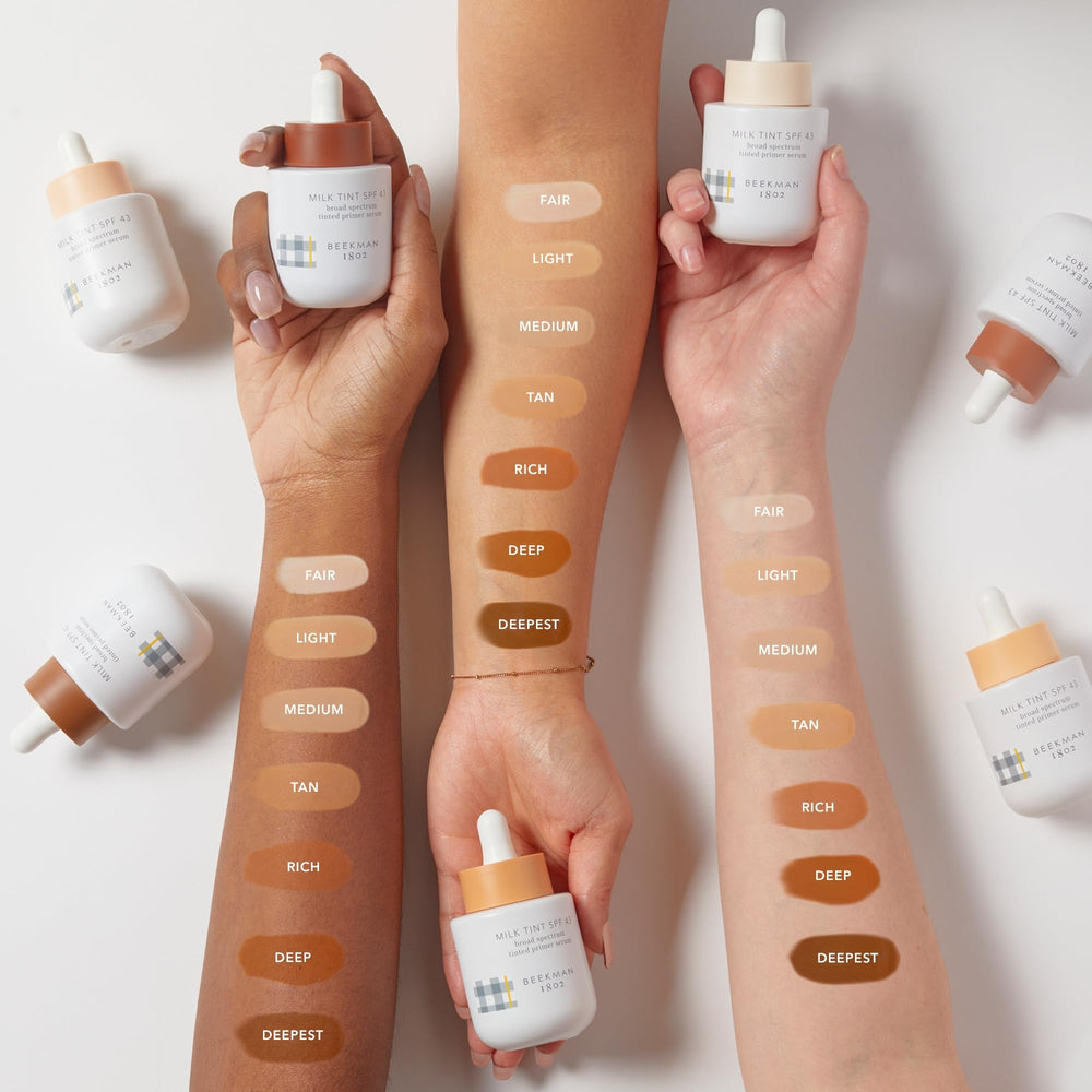 Beekman 1802 Milk Tint applied to cheek to blur pores and even tone.