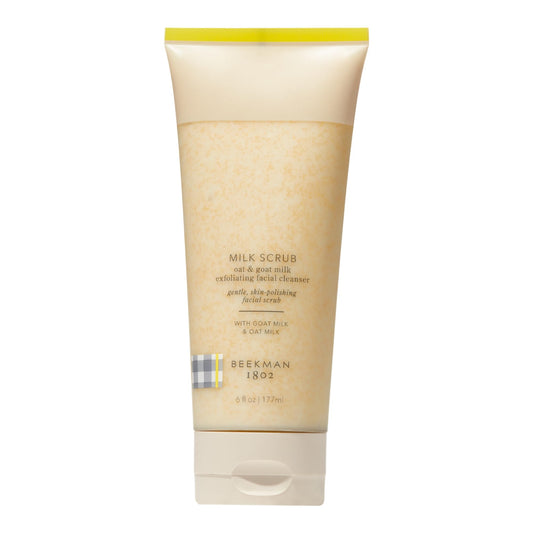 Beekman 1802 Oat + Goat Milk Scrub jar close-up showing gentle exfoliation for sensitive skin.