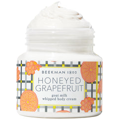 Beekman 1802 Whipped Body Cream jar showing velvety texture for daily moisture.