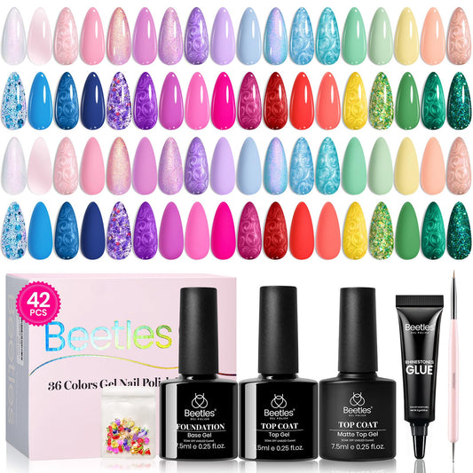Beetles 36-color gel polish set with vibrant spring shades for versatile nails.