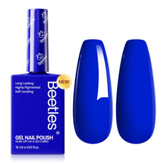Beetles Blue Gel Polish Noble Night bottle close-up, showcasing a rich royal blue shade for chic nails.