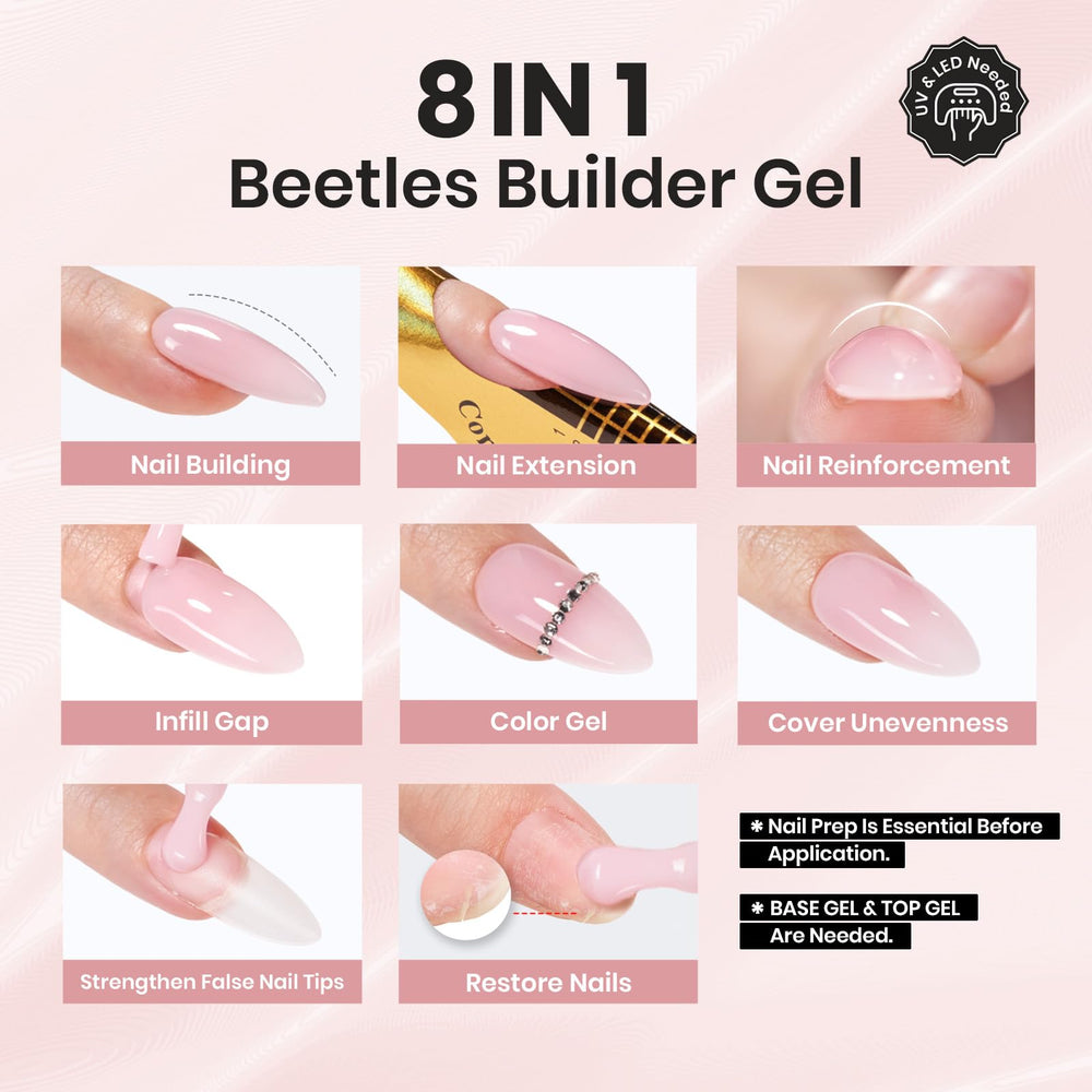 Beetles Builder Gel application close-up shows smooth, even self-leveling texture.