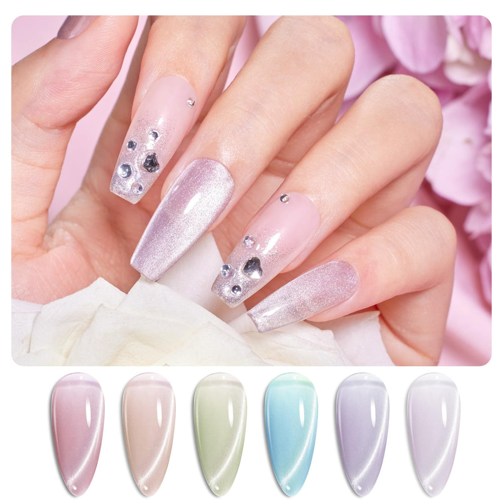 Beetles Cat Eye Gel Kit Display reveals color variety for versatile DIY nails.