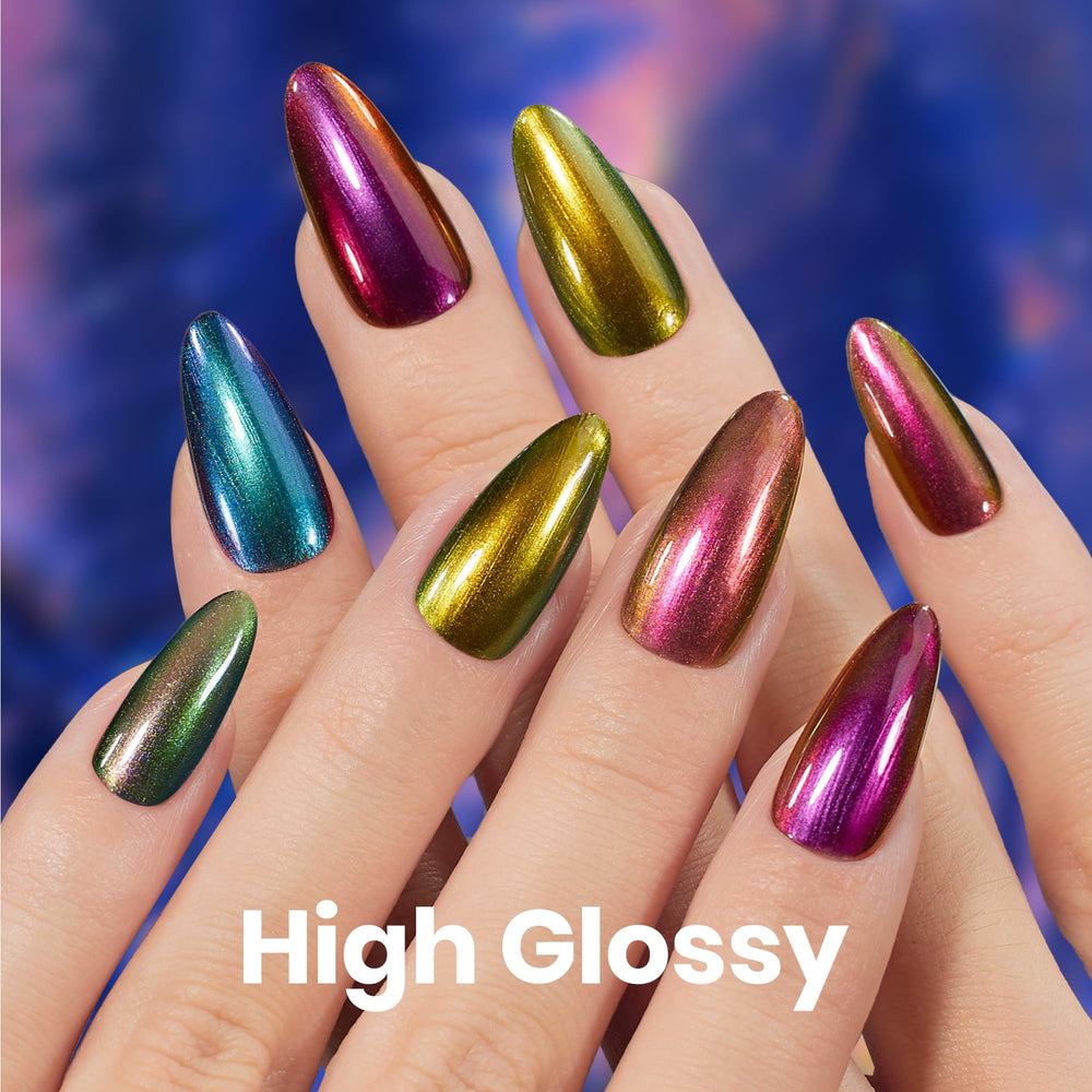 Six shimmering hues with holographic ember finish for versatile looks.