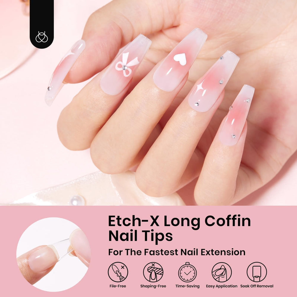 Beetles coffin long gel nail tips half matte finish for natural look