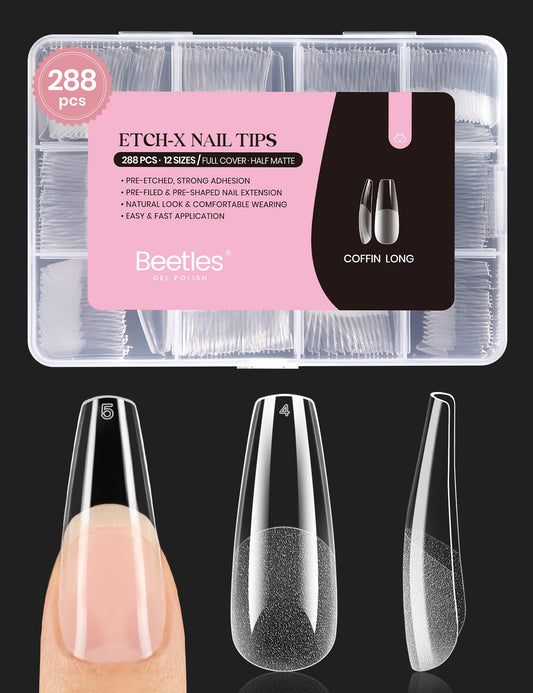 Beetles coffin long gel nail tips pre-etched for easy adhesion and grip