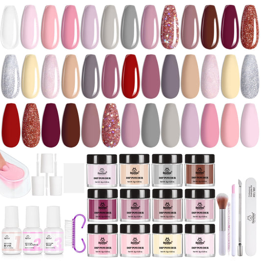 Beetles Dip Powder Kit contents with colors, liquids, and tools for home nail art