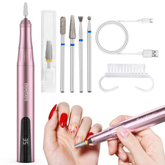 Beetles electric nail drill in rose gold, front view for smooth shaping and precise filing.