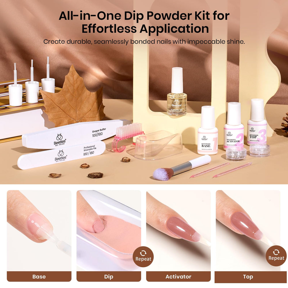 Beetles Espresso Glow tones blend brown nude with sparkle for versatile French nail art.