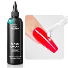 Beetles Extra Glossy Top Coat 300ml refill bottle showing long-lasting shine for salon use