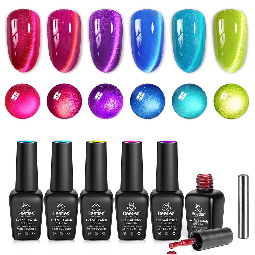 Beetles Fairy Prism Cat Eye kit swatches in six colors for versatile nails