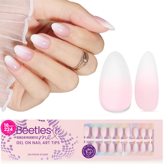 Beetles French tip press-on nails in ombre pink with extra short almond shape for quick wear