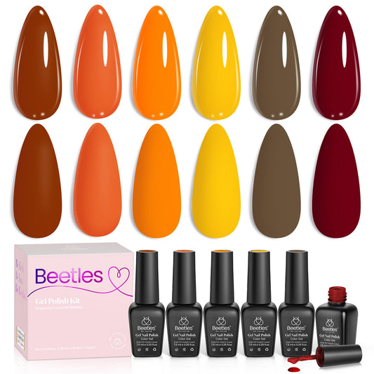 Beetles gel nail polish set with six fall colors on display for easy seasonal nail art.