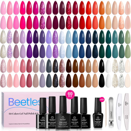 Beetles gel nail polish set showing 60 colors for versatile nail art options.