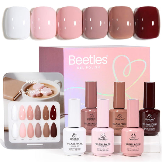 Beetles Gel Polish Coffee Time collection swatches, six versatile neutrals for everyday wear.