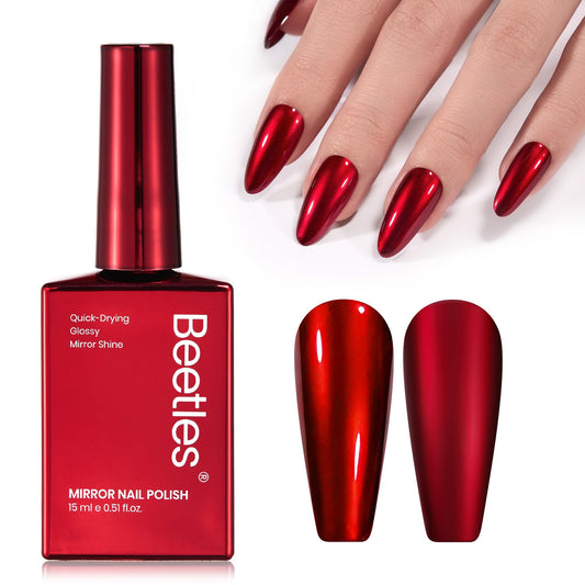 Beetles Gel Polish Red Chrome bottle cap reflects bold red, a striking finish.