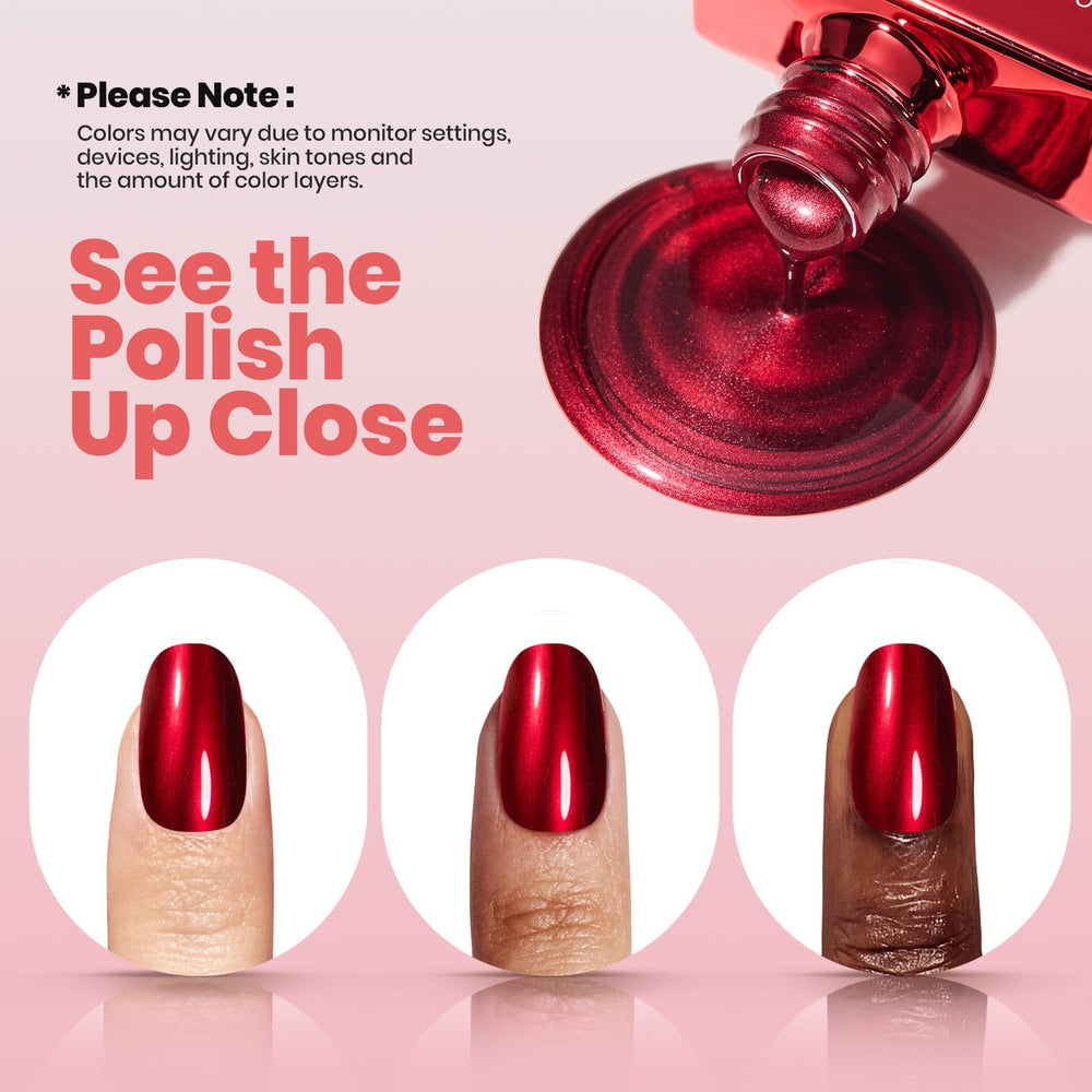 Beetles Red Chrome swatch demonstrates chip-resistant wear and glossy shine.