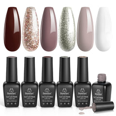 Beetles Gel Polish Set swatches in brown, gray, and taupe for a chic winter look