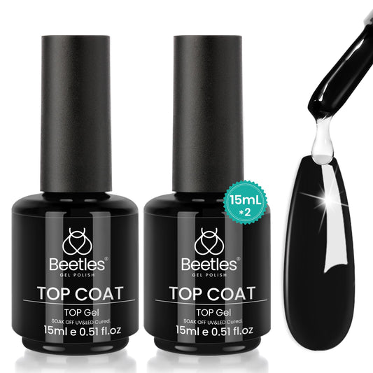 Beetles Gel Top Coat bottle close-up showing long-lasting gloss.