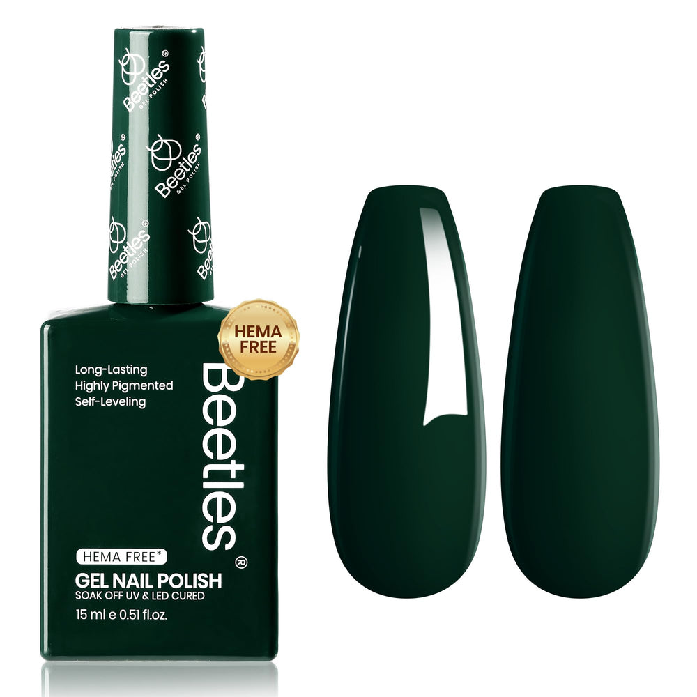 Beetles Green Gel Nail Polish manicure under lighting.