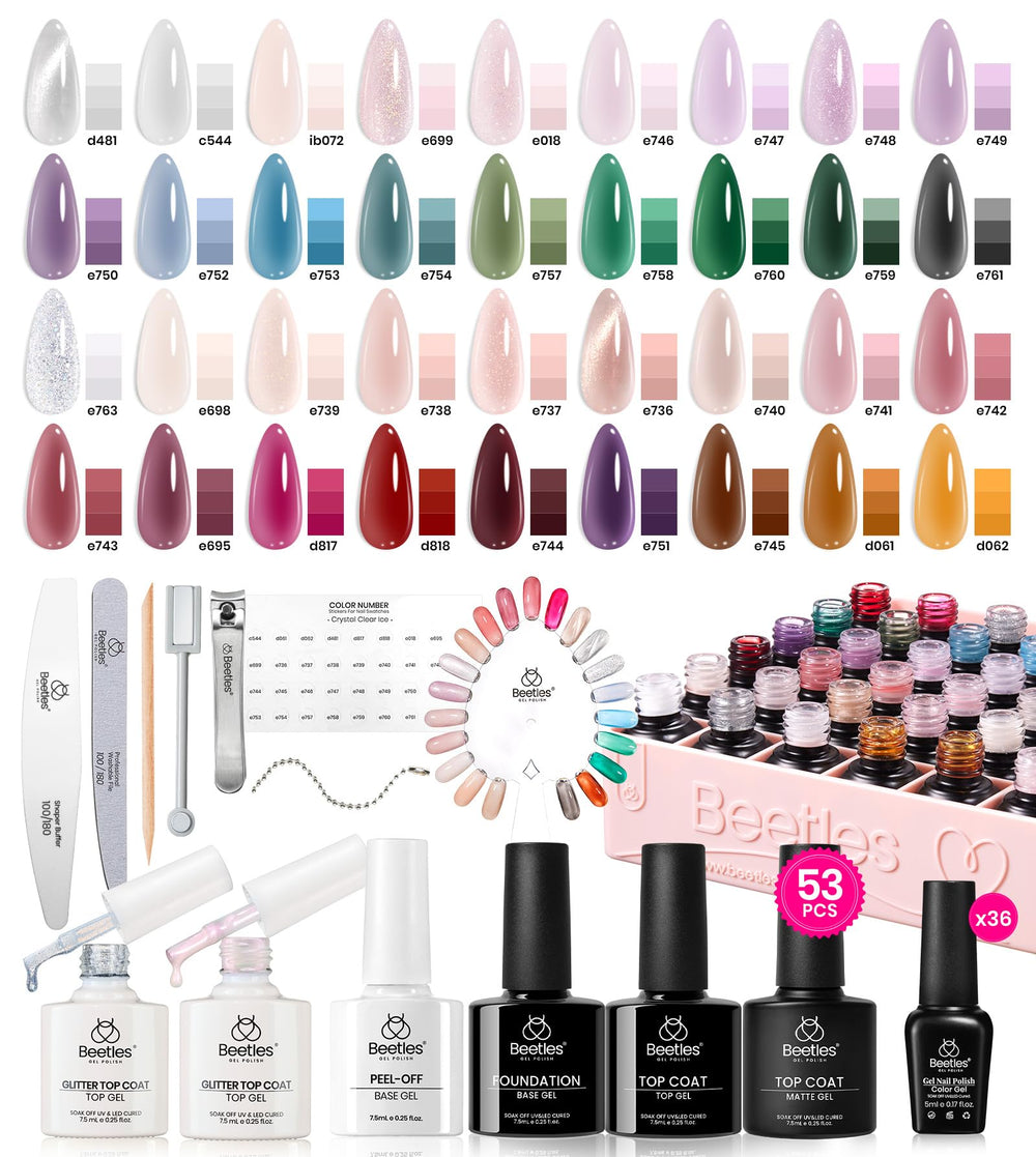 Beetles Jelly Gel Nail Polish Set displays 36 colors for versatile home nail art.