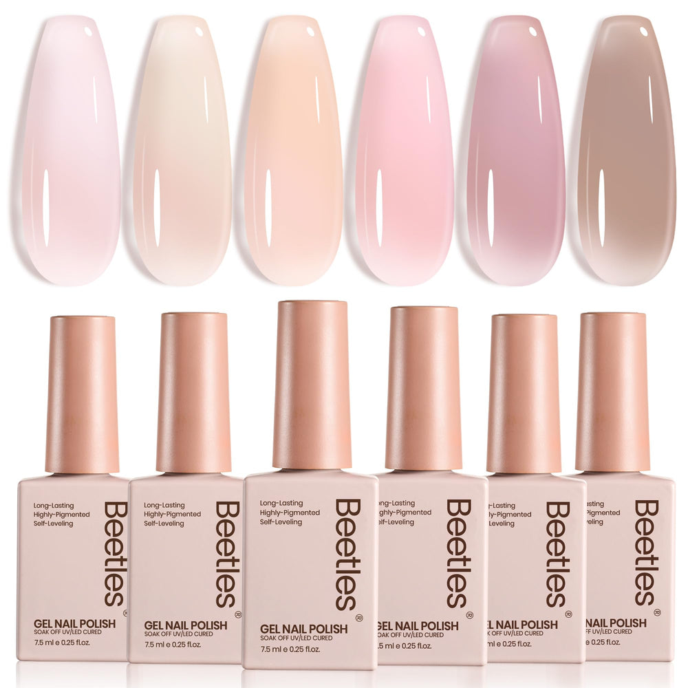 Beetles Jelly Gel Nail Polish Set swatches show six neutral colors for versatile looks