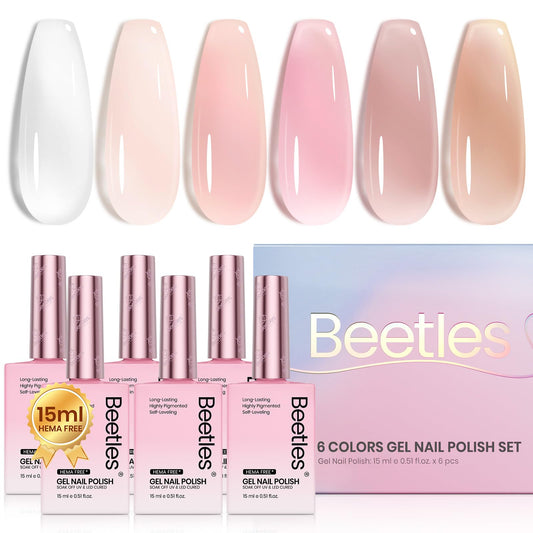 Beetles Jelly Gel Nude Pink bottle swatch shows glassy translucent finish.