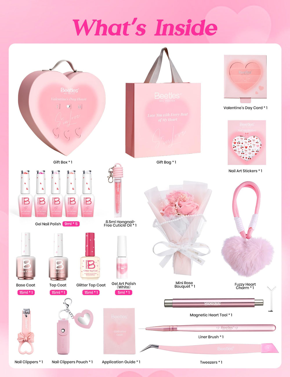 Nail art tools and stickers enable easy Valentine details.