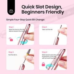 Beetles 5-in-1 bit set with various heads for gel removal and cuticle care.