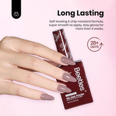 Beetles HEMA-free nude brown polish close-up, smooth application potential.