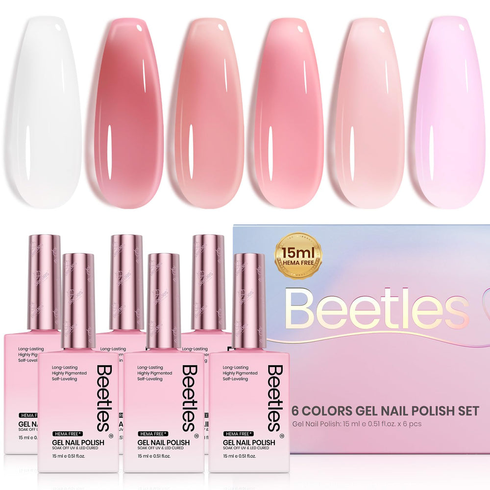 Beetles Nude Gel Nail Polish Set swatches show six versatile colors for easy planning.