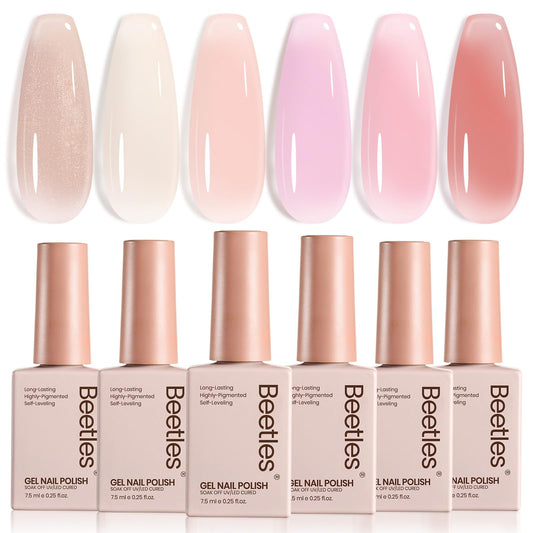 Beetles Nude Gel Polish Set peach jelly color swatches for a soft nude manicure.