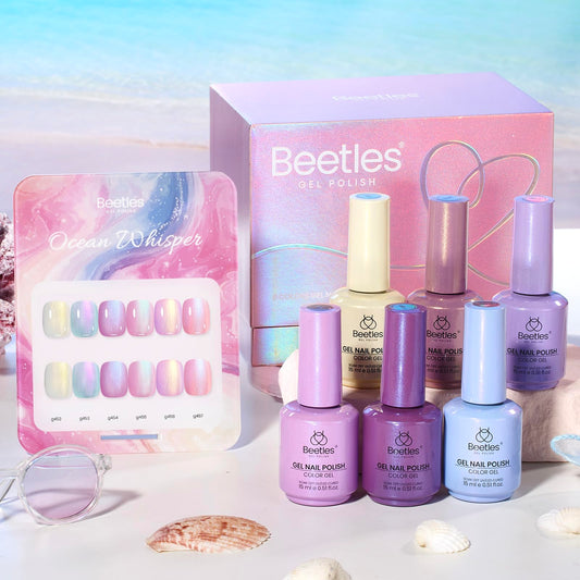 Beetles Ocean Whisper Collection packaging with six-color gel set for versatile manicures.