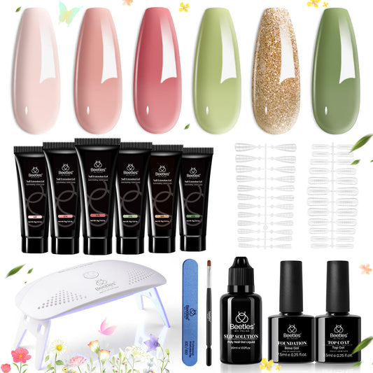 Beetles Pastel Poly Nail Gel Kit 12Pcs: pastel green–pink glitter gel for DIY nails.