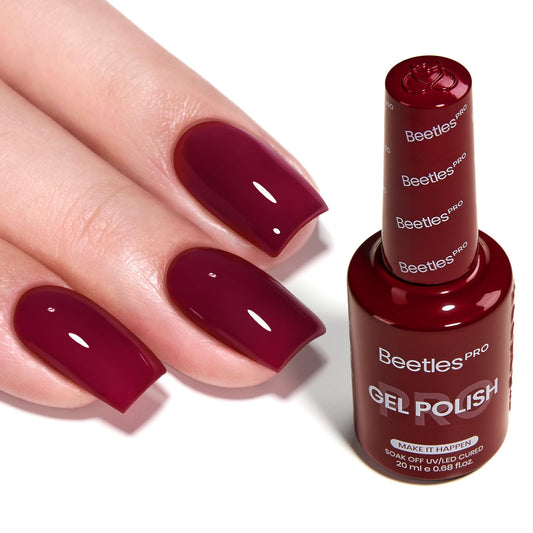Beetles Pro Make It Happen bottle showing rich burgundy gel polish for premium color.