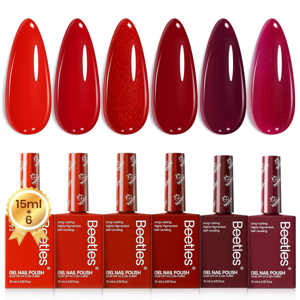 Beetles Red Gel Nail Polish Set bottle close-up showing six shades for versatile nail art.