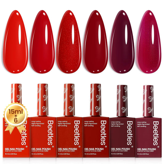 Beetles Red Gel Nail Polish Set bottle close-up showing six shades for versatile nail art.