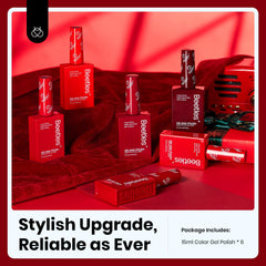 Beetles Red Gel Nail Polish Set nail art tools and bottles arranged for a DIY kit.