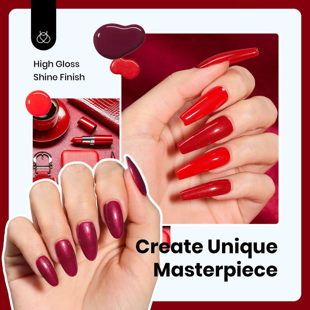 Beetles Red Gel Nail Polish Set shimmer burgundy on display highlights rich color payoff.