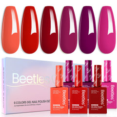 Beetles Red Pink Gel Polish Set bottles show six vibrant shades for stylish nails.